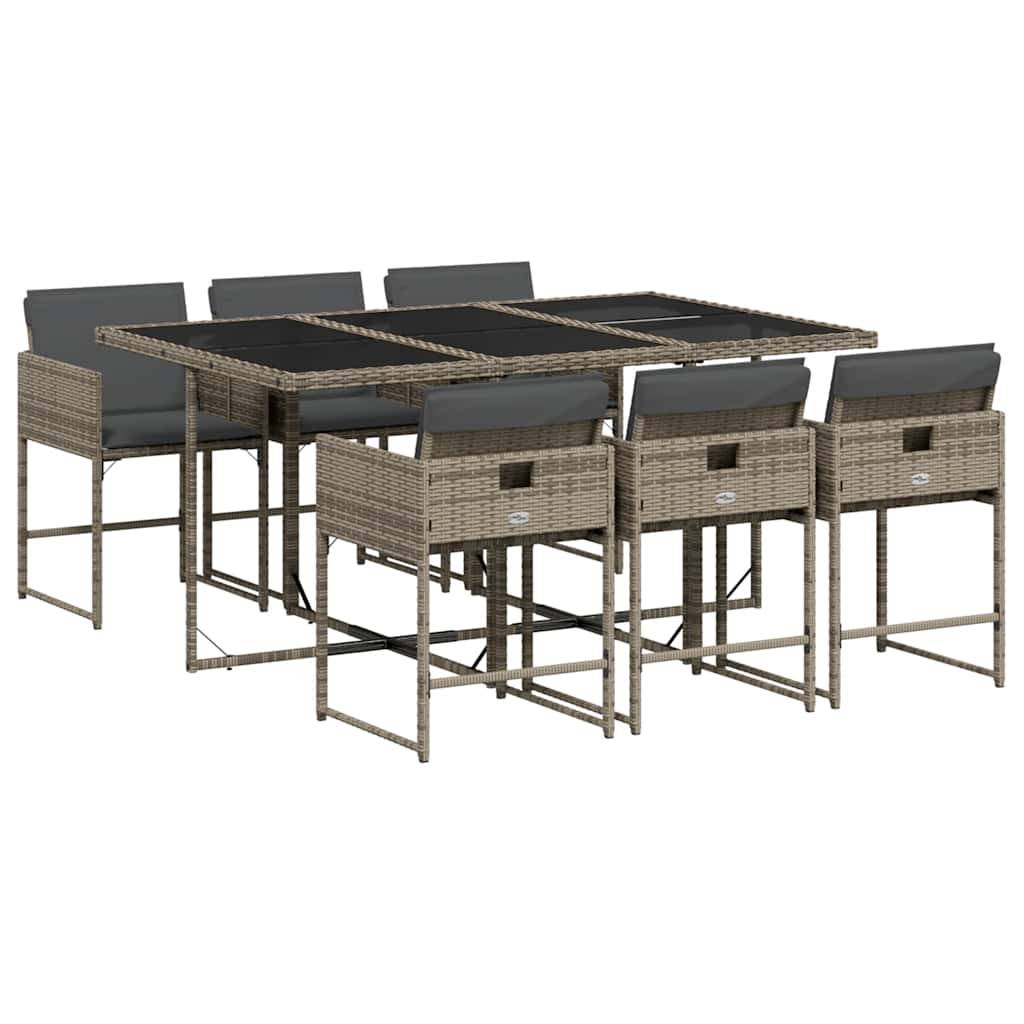 vidaXL 7-tlg. Garten-Essgruppe mit Kissen Grau Poly Rattan