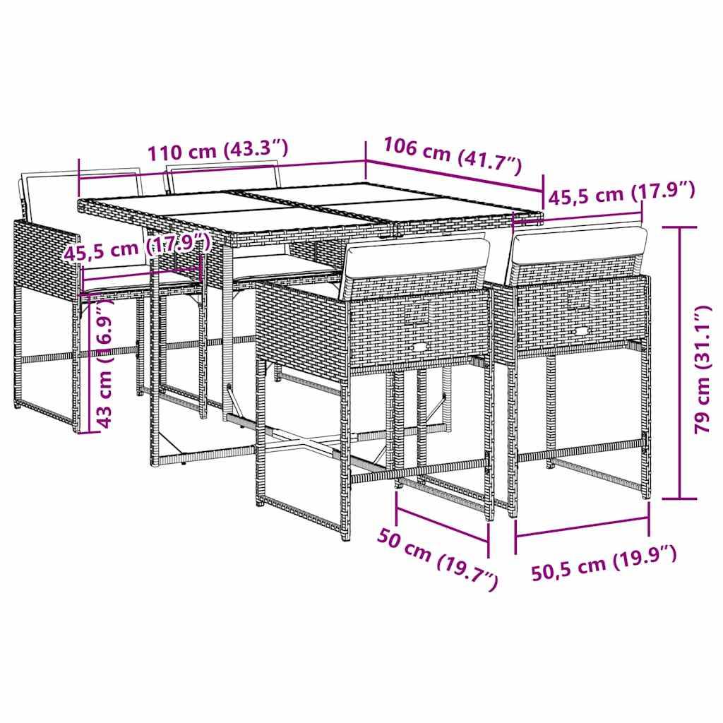 vidaXL 5-tlg. Garten-Essgruppe mit Kissen Grau Poly Rattan