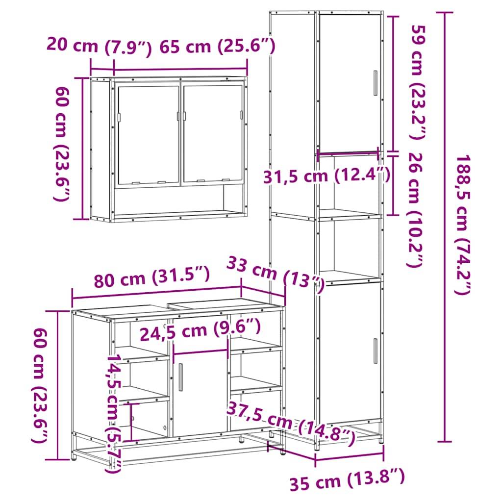 vidaXL 3-tlg. Badmöbel-Set Räuchereiche Holzwerkstoff