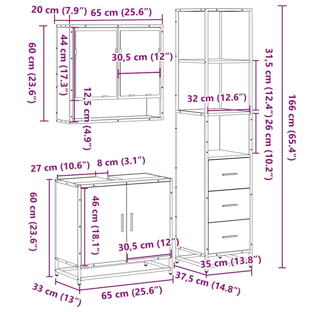 vidaXL 3-tlg. Badmöbel-Set Sonoma-Eiche Holzwerkstoff
