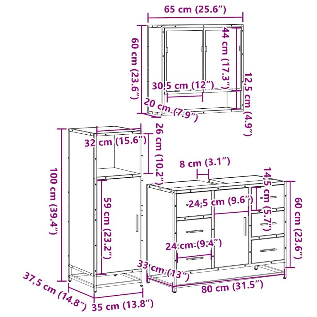 vidaXL 3-tlg. Badmöbel-Set Räuchereiche Holzwerkstoff