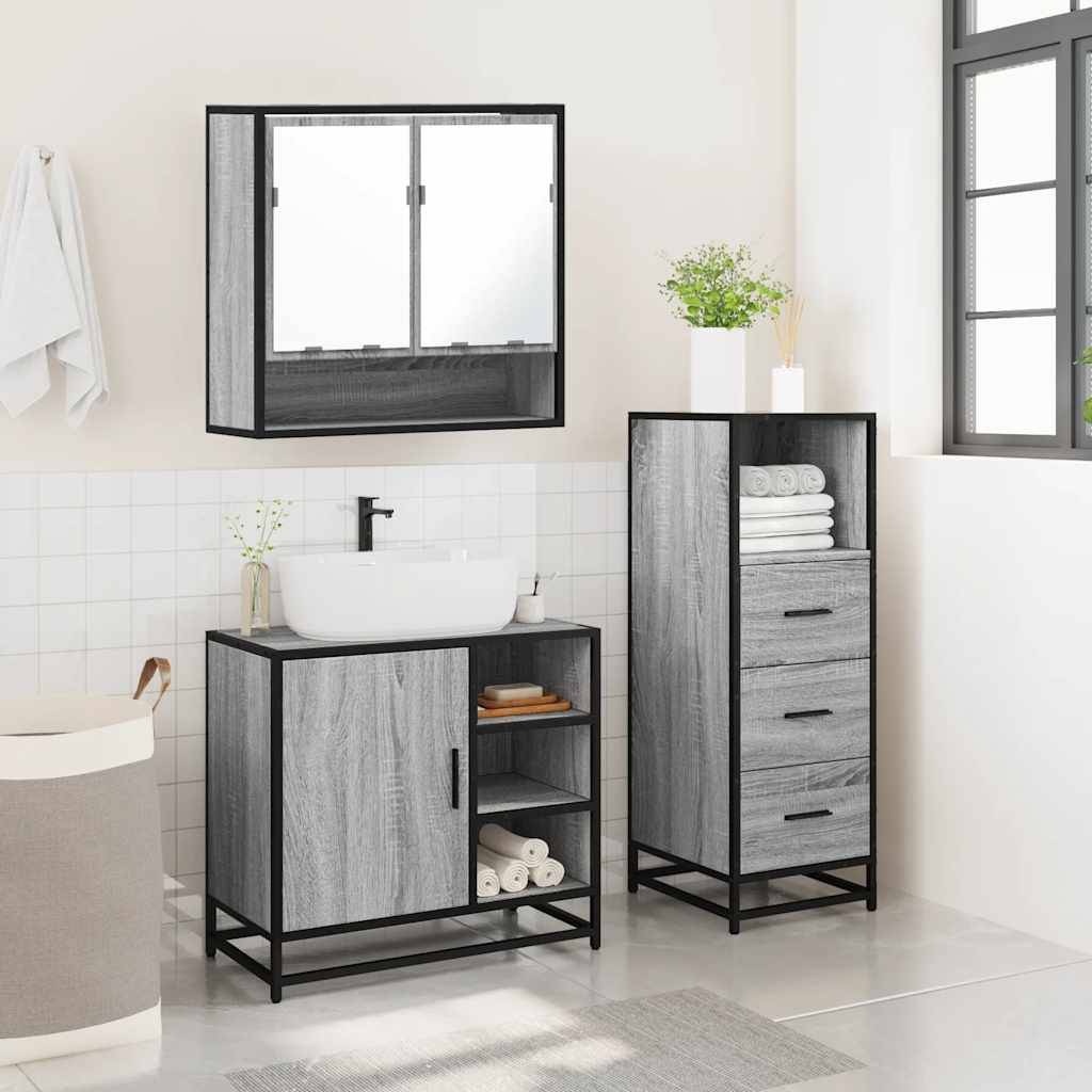 vidaXL 3-tlg. Badmöbel-Set Grau Sonoma Holzwerkstoff