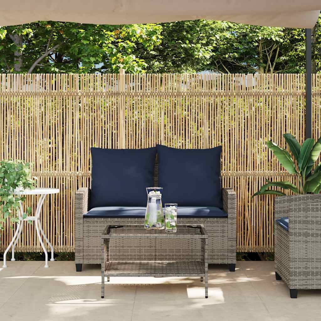 vidaXL Gartensofa 2-Sitzer mit Kissen & Tisch Grau Poly Rattan