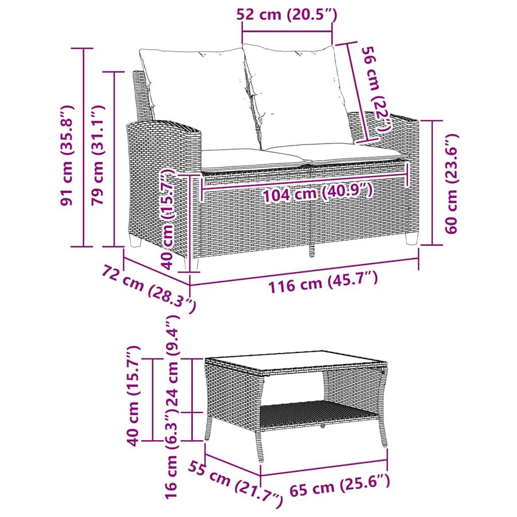 vidaXL Gartensofa 2-Sitzer mit Kissen & Tisch Grau Poly Rattan
