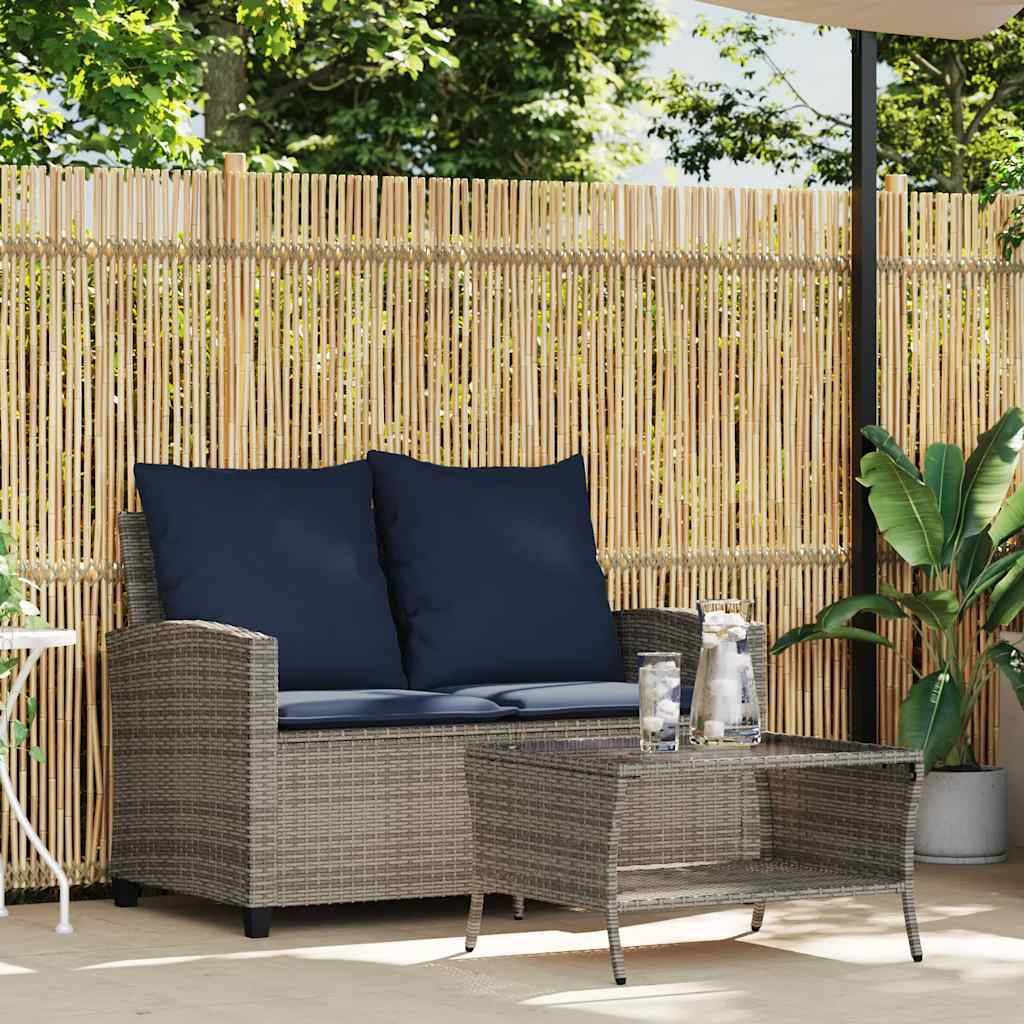 vidaXL Gartensofa 2-Sitzer mit Kissen & Tisch Grau Poly Rattan