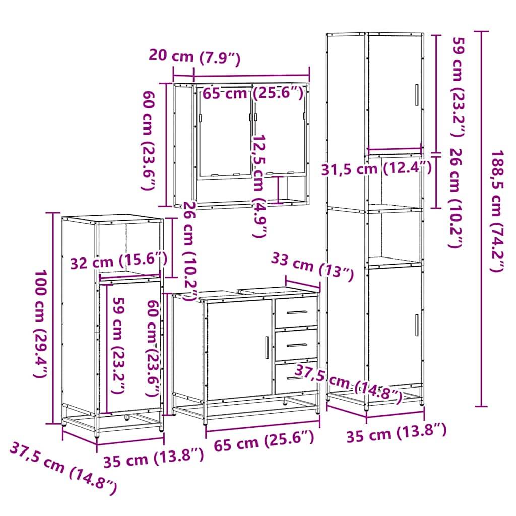 vidaXL 4-tlg. Badmöbel-Set Sonoma-Eiche Holzwerkstoff