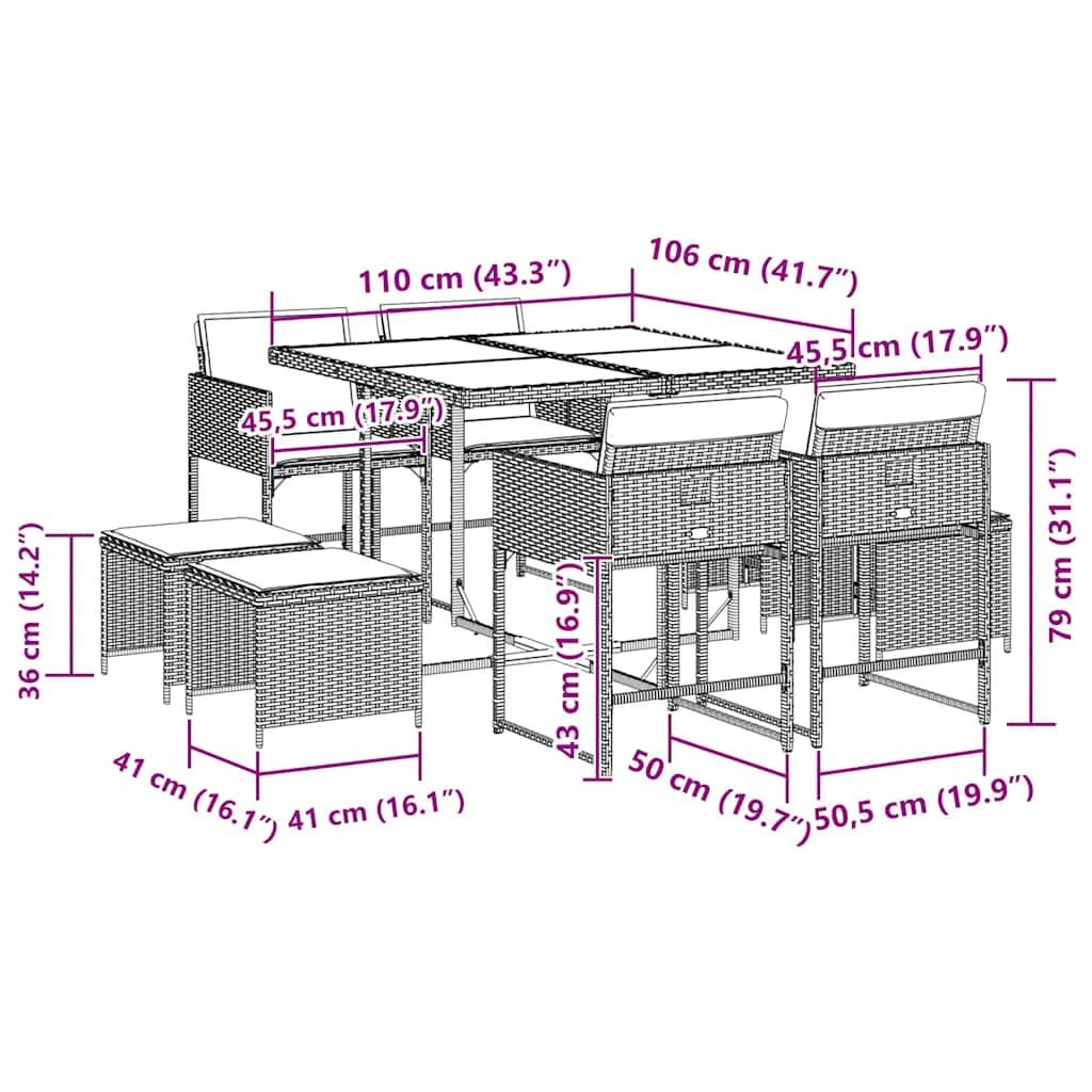 vidaXL 9-tlg. Garten-Essgruppe mit Kissen Grau Poly Rattan