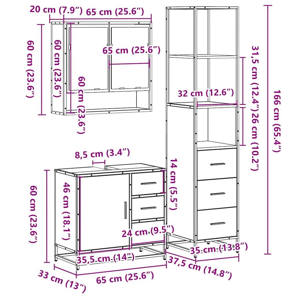vidaXL 3-tlg. Badmöbel-Set Sonoma-Eiche Holzwerkstoff