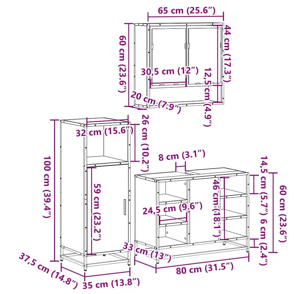 vidaXL 3-tlg. Badmöbel-Set Sonoma-Eiche Holzwerkstoff