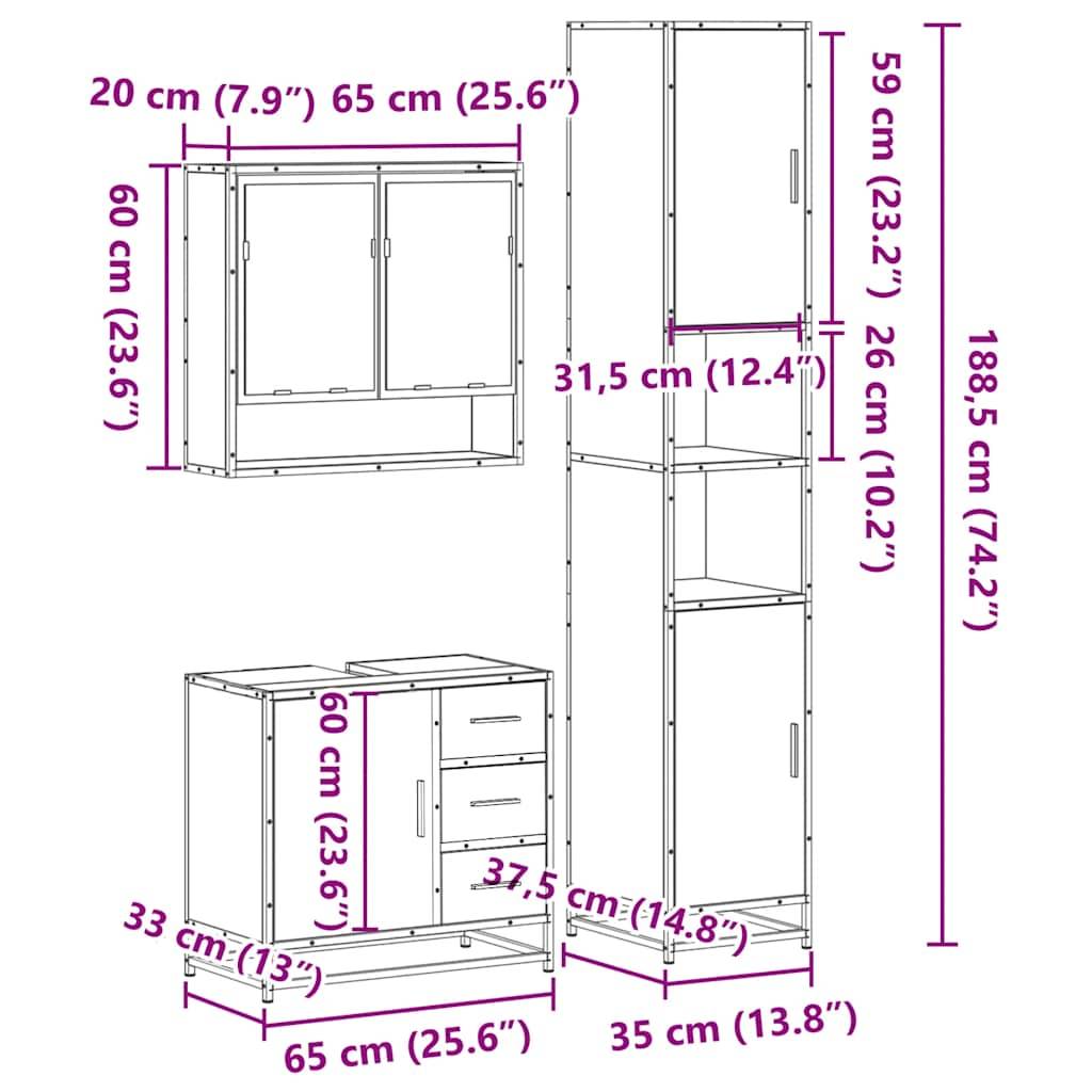vidaXL 3-tlg. Badmöbel-Set Räuchereiche Holzwerkstoff