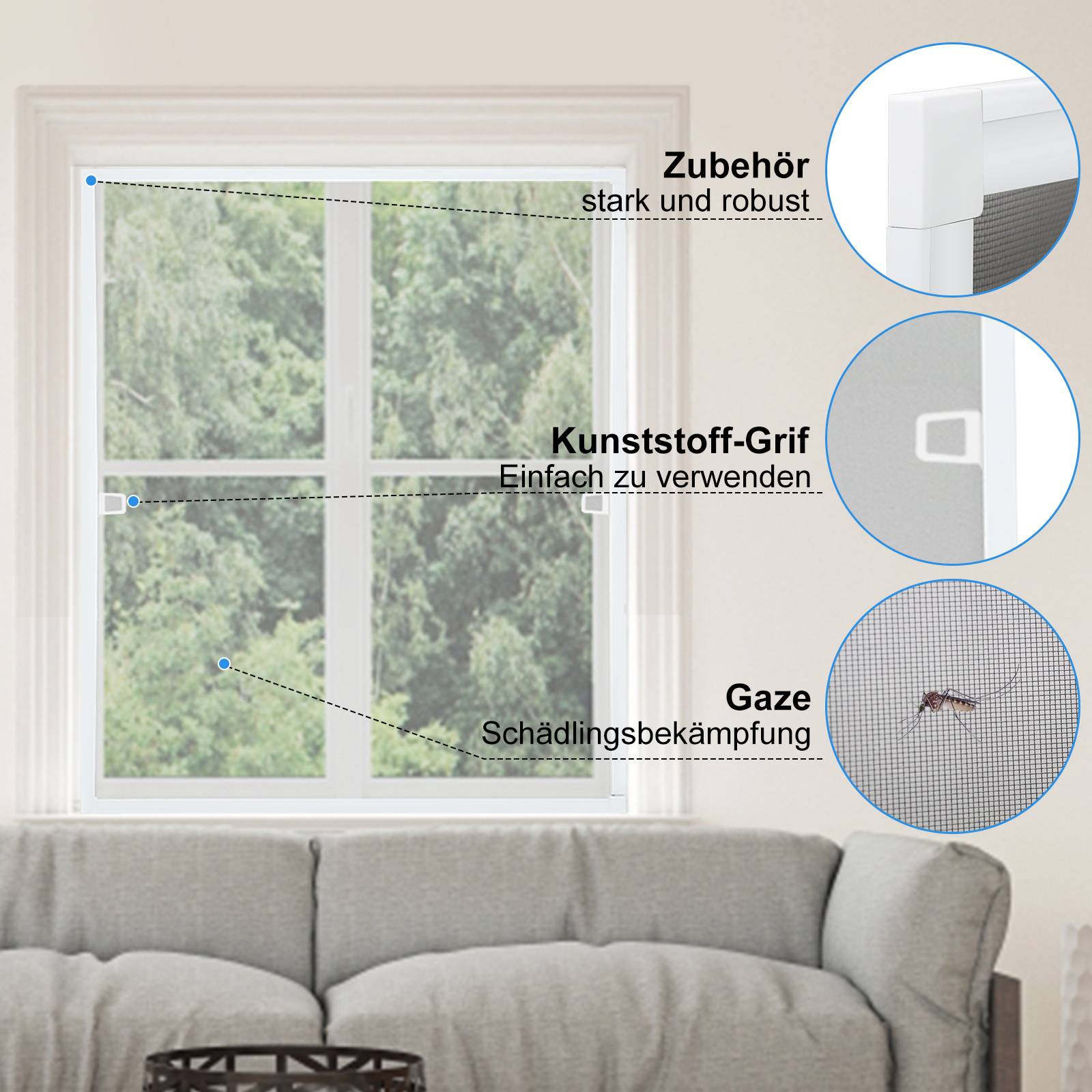 Fliegengitter Insektenschutz Fenster 80 x 100 cm Mückenschutz mit Alu-Rahmen Bausatz Mückengitter Fliegenschutz Weiß