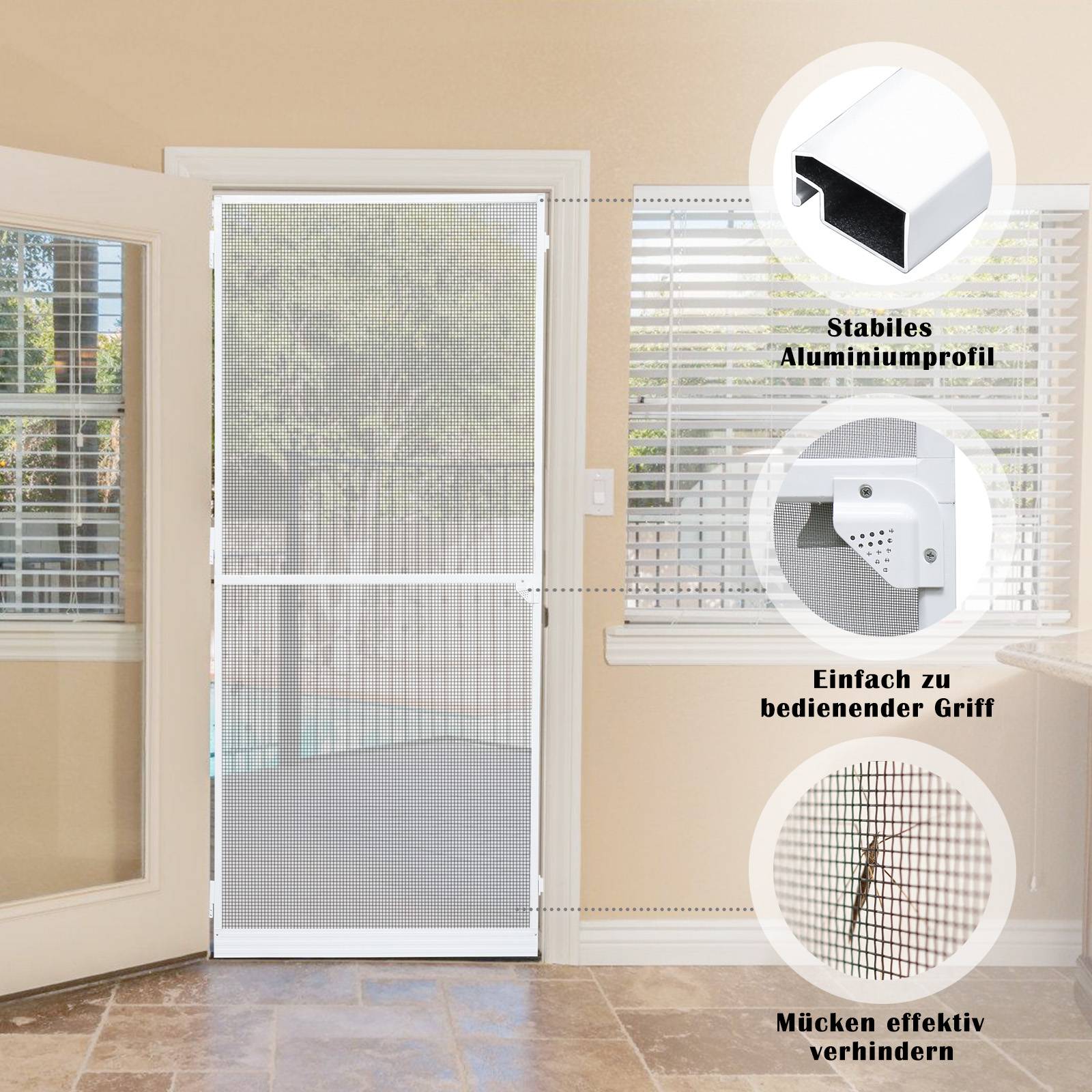 Fliegengitter Insektenschutz Tür Mückenschutz Mückengitter Pendeltüre mit Alu-Rahmen Gaze 120x210cm Weiß