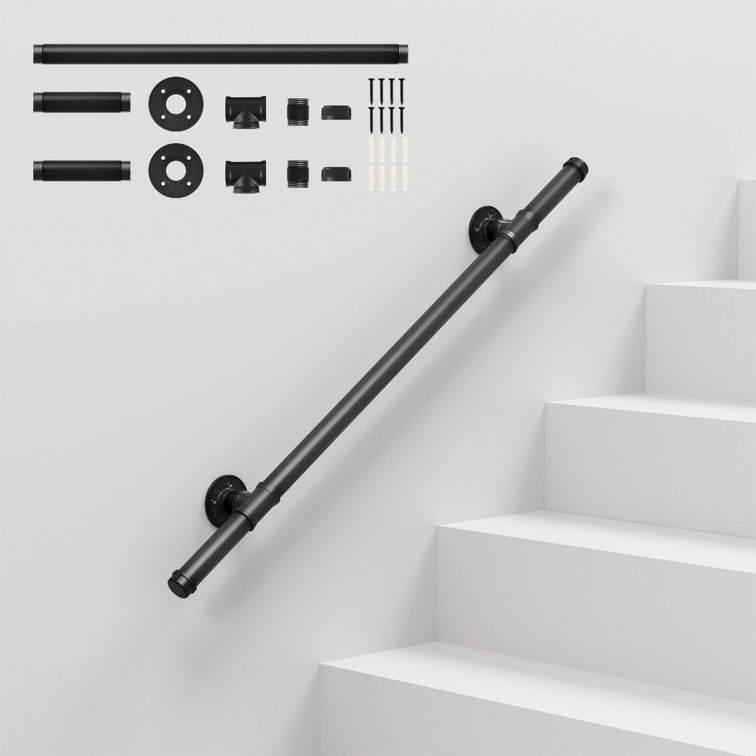 Handlauf Verzinktes Stahlrohr Geländer Pulverbeschichtung Schutzbügel Treppe Innen und Außen Schwarz 100cm