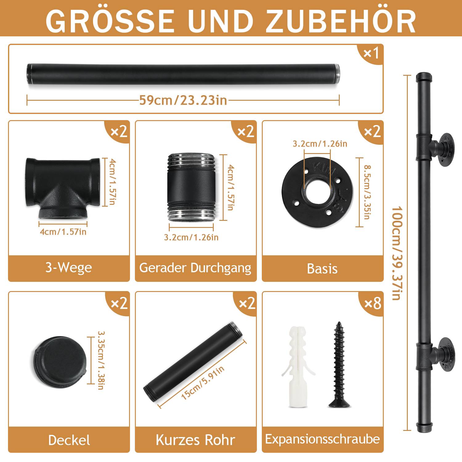 Handlauf Treppengeländer Schwarz 100cm Verzinktes Stahlrohr Geländer Pulverbeschichtung Schutzbügel Treppe