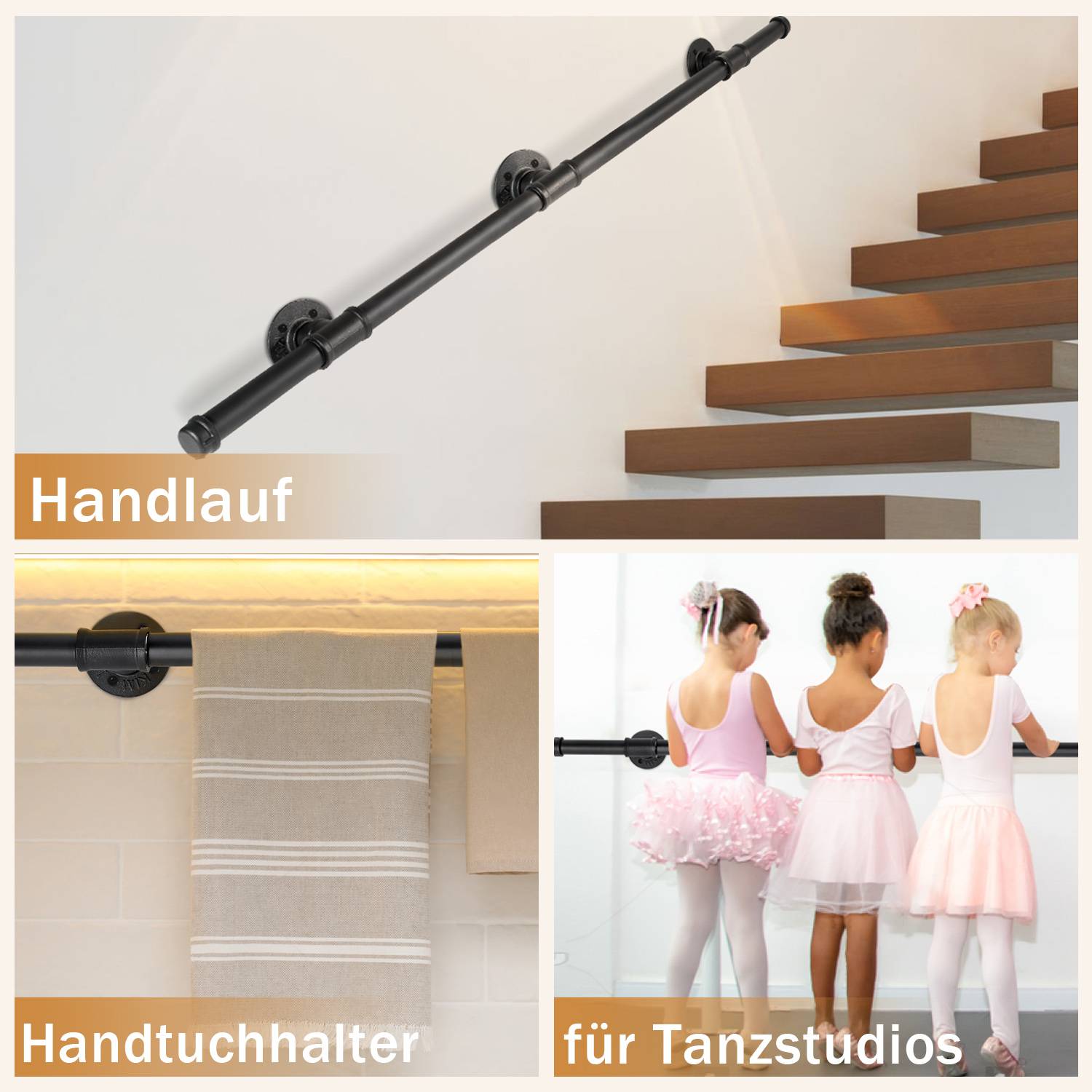 Handlauf Verzinktes Stahlrohr Geländer Pulverbeschichtung Schutzbügel Treppe Innen und Außen Schwarz 100cm