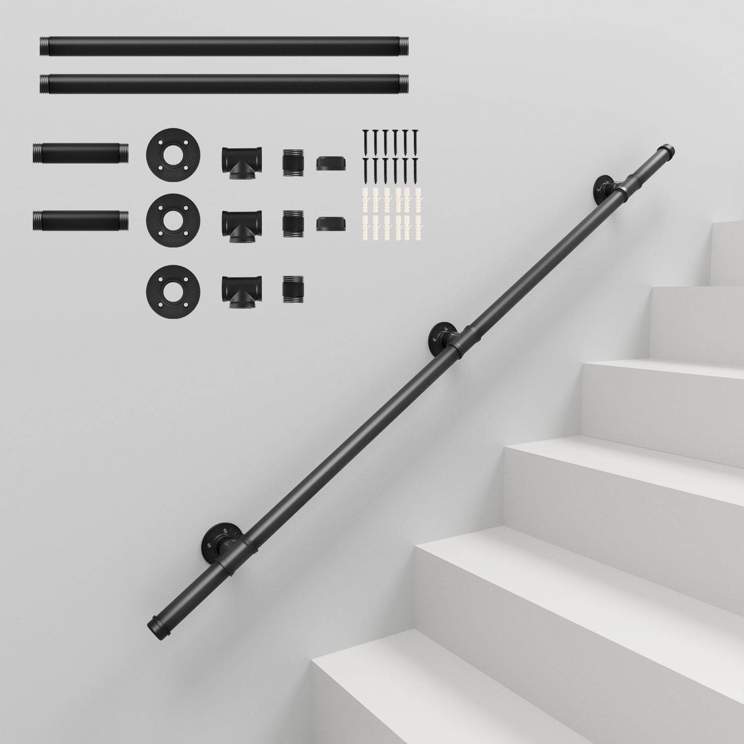 Handlauf Verzinktes Stahlrohr Geländer Pulverbeschichtung Schutzbügel Treppe Innen und Außen Schwarz 150cm