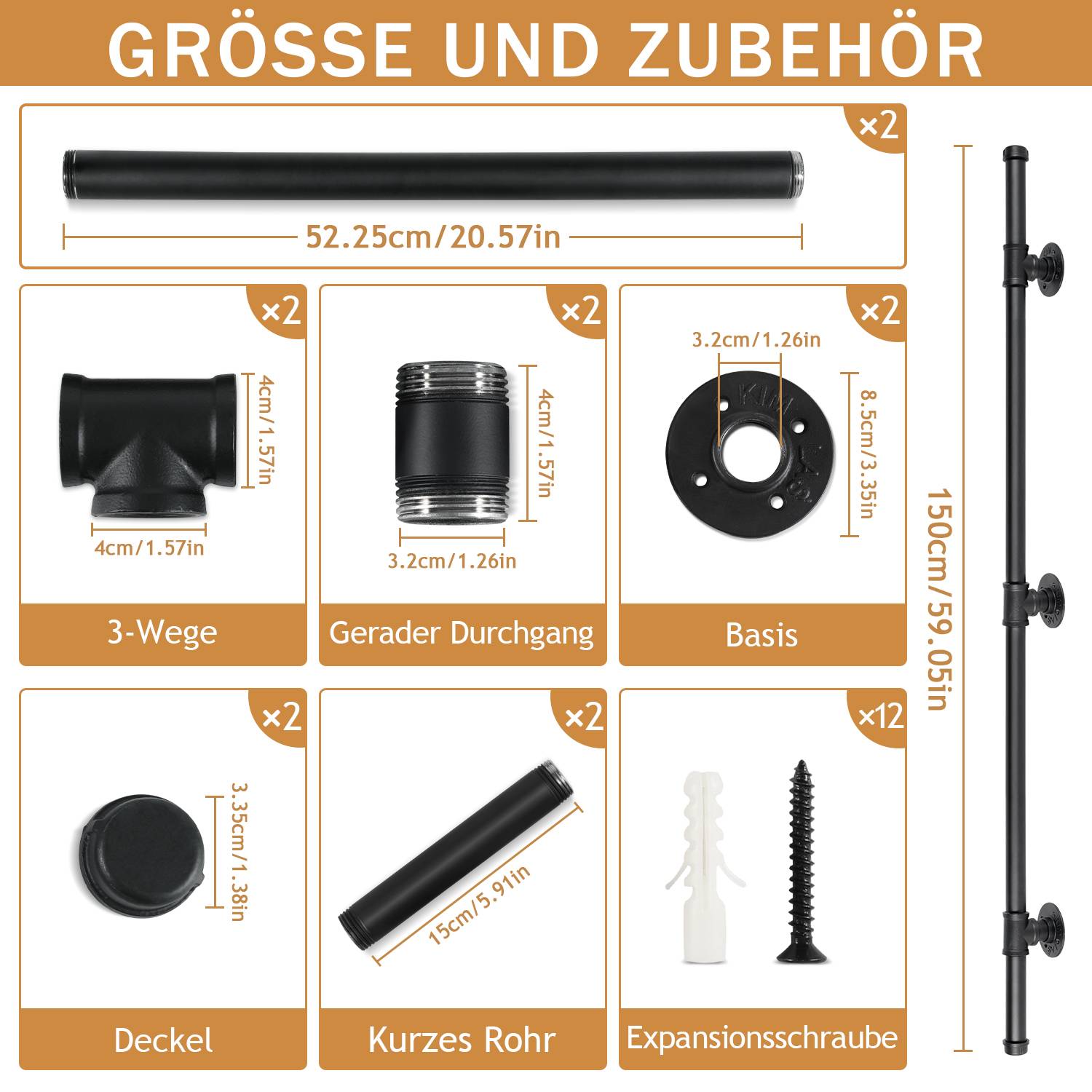 Handlauf Verzinktes Stahlrohr Geländer Pulverbeschichtung Schutzbügel Treppe Innen und Außen Schwarz 150cm