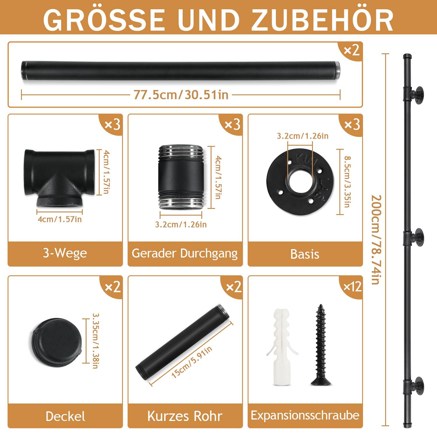 Handlauf Verzinktes Stahlrohr Geländer Pulverbeschichtung Schutzbügel Treppe Innen und Außen Schwarz 200cm