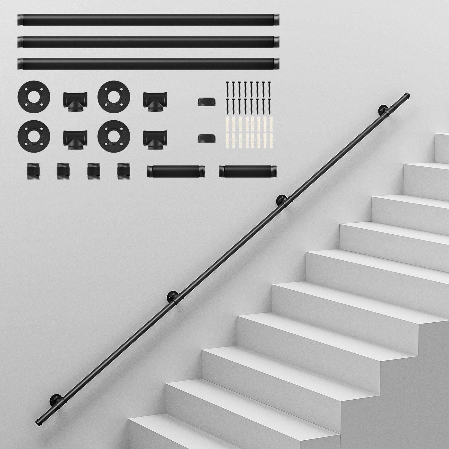 Handlauf Verzinktes Stahlrohr Geländer Pulverbeschichtung Schutzbügel Treppe Innen und Außen Schwarz 300cm