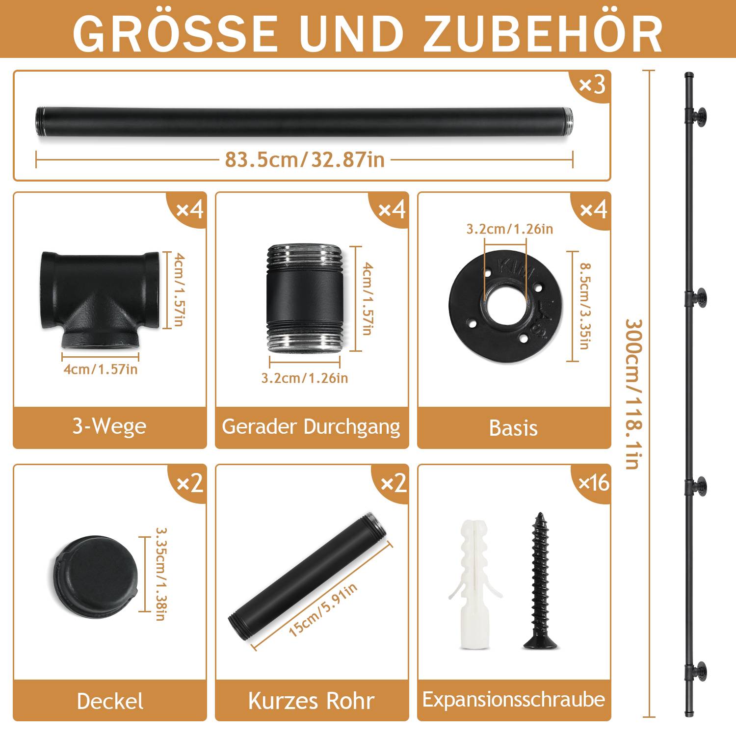 Handlauf Verzinktes Stahlrohr Geländer Pulverbeschichtung Schutzbügel Treppe Innen und Außen Schwarz 300cm