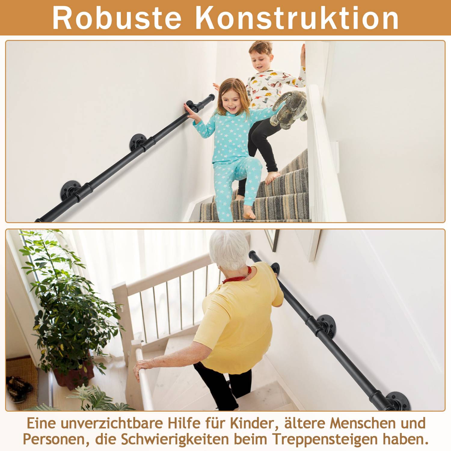 Handlauf Treppengeländer Schwarz 150cm Verzinktes Stahlrohr Geländer Pulverbeschichtung Schutzbügel Treppe