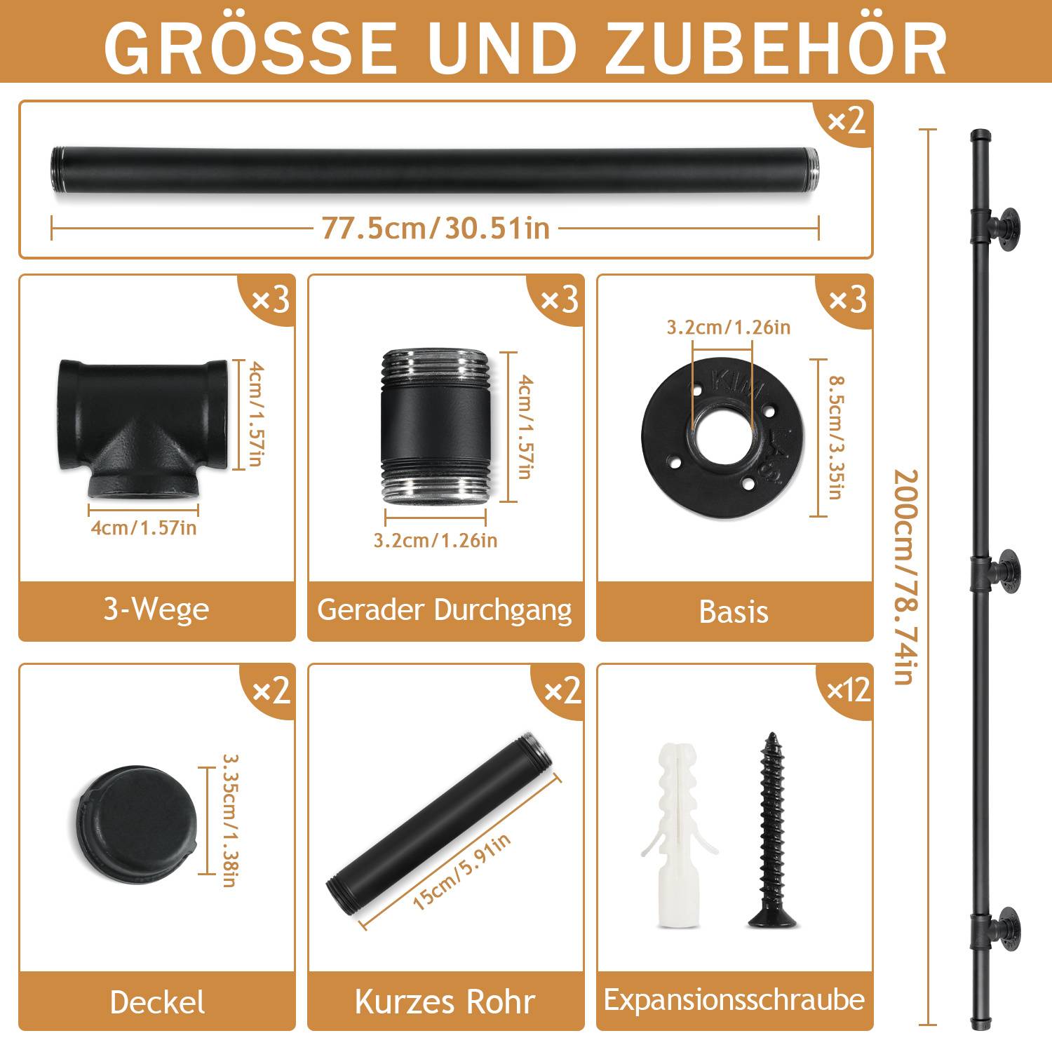 Diagramm, das Größen und Teile für ein Schwarzrohr-Zubehörset zeigt: 2 lange Rohre, 3 Drei-Wege-Verbinder, 3 gerade Verbinder, 3 Basen, 2 Kappen, 2 kurze Rohre und 12 Expansionsschrauben mit Abmessungen.