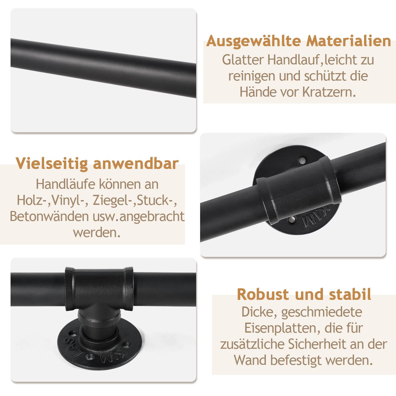 Infografik mit einem schwarzen Wandhandlauf mit Montageklammern und Text: 'Ausgewählte Materialien', 'Vielseitig anwendbar', 'Robust und stabil'.