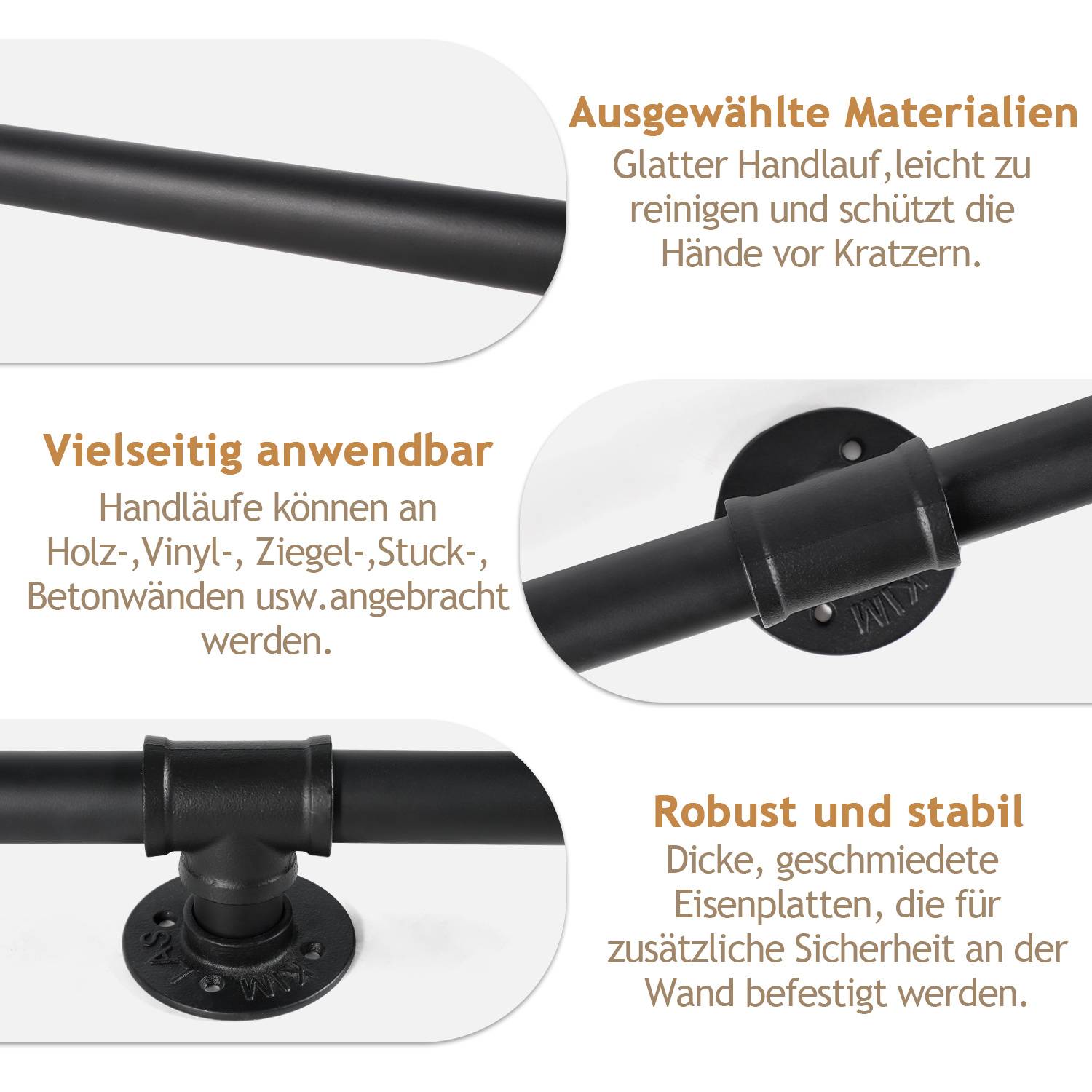 Schwarze Handlaufkomponenten mit Text, das glatte, leicht zu reinigende Materialien, vielseitige Wandmontage und robuste, stabile geschmiedete Eisenbefestigungen für Sicherheit hervorhebt.