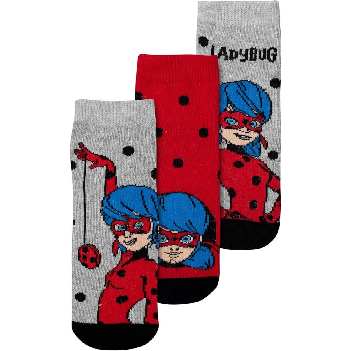 Miraculous Ladybug Socken für Mädchen - Kinder Sneaker Kindersocken Söckchen Rot Grau (3er Pack) 27/30