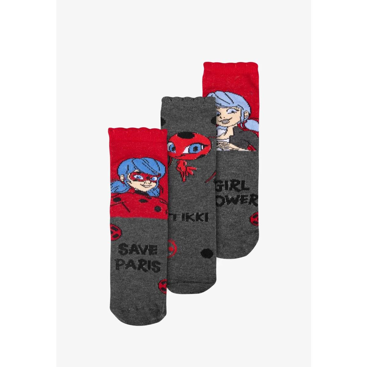 Miraculous Ladybug Socken für Mädchen Kinder Sneaker Kindersocken Söckchen Grau Rot (3er Pack) 27/30