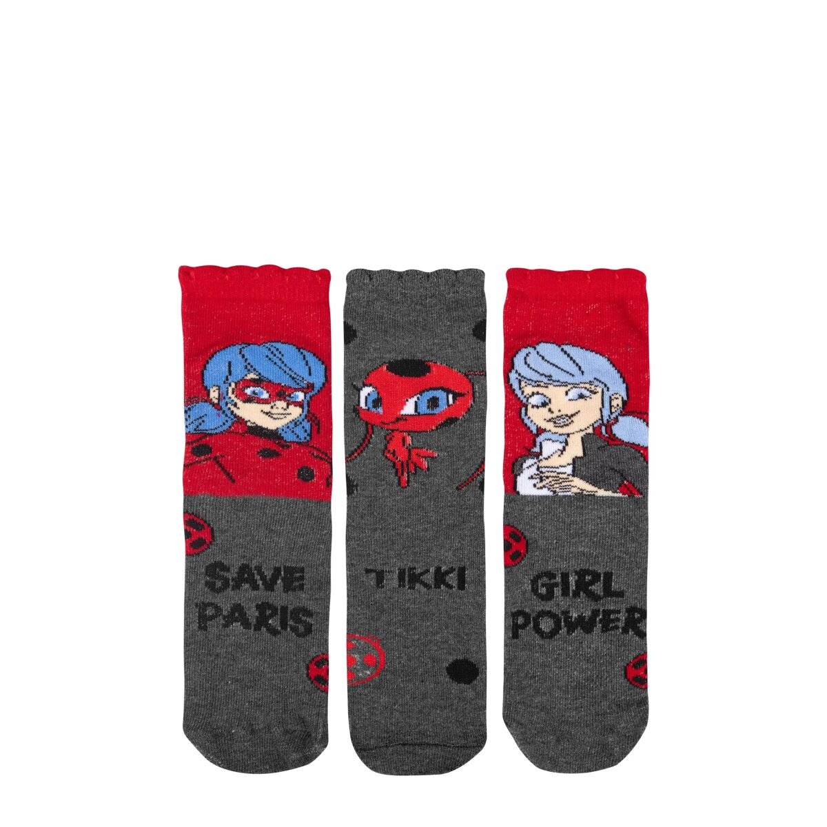 Miraculous Ladybug Socken für Mädchen Kinder Sneaker Kindersocken Söckchen Grau Rot (3er Pack) 27/30