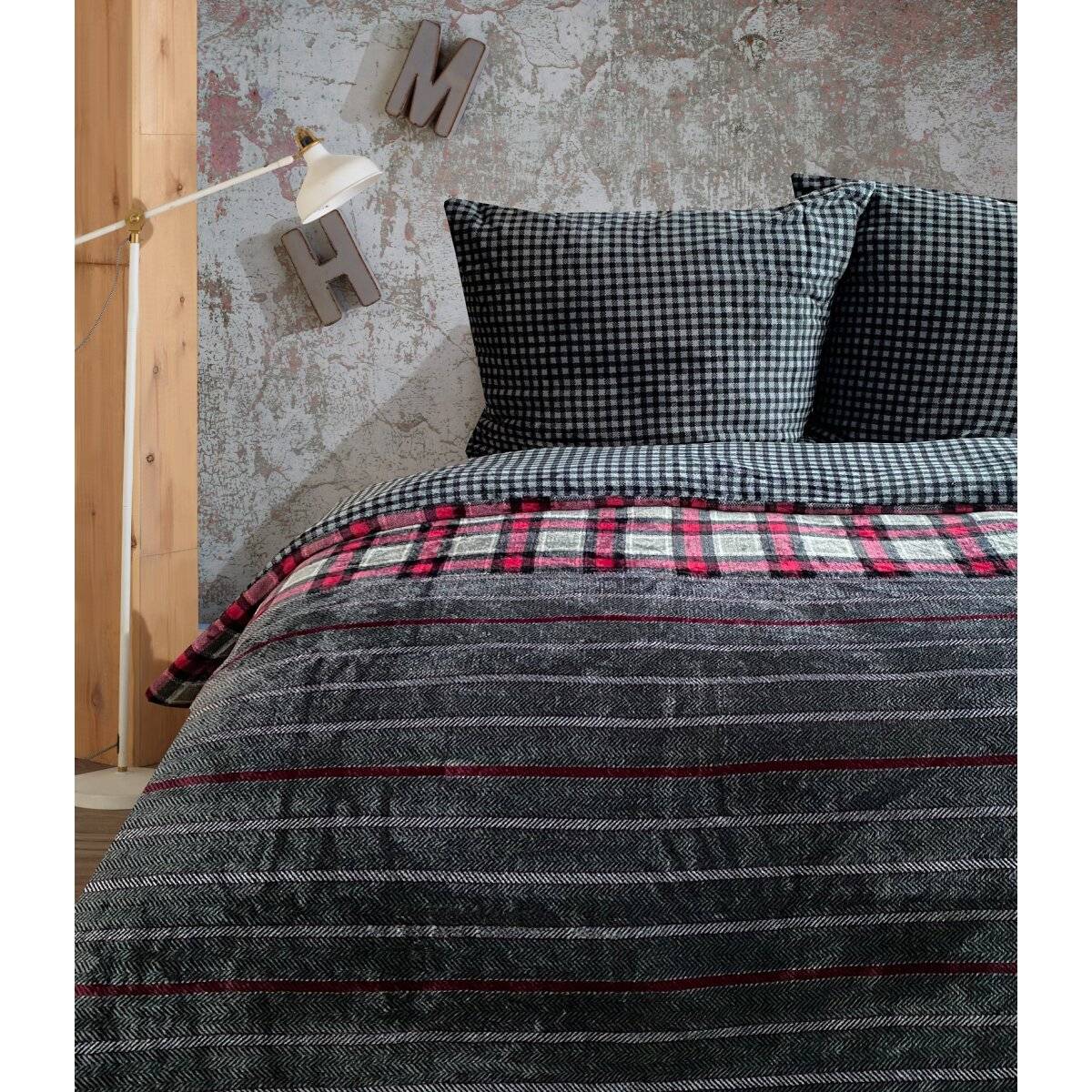 Kuschelige Plüschbettwäsche mit Reißverschluss, warmhaltend & wendbar in Anthrazit/Bordeaux 135x200 cm