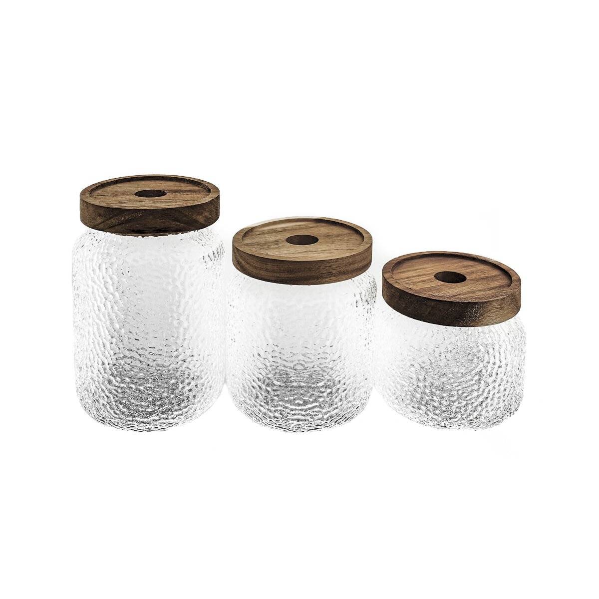 3er Set Vorratsbehälter aus Borosilikatglas mit luftdichtem Holzdeckel