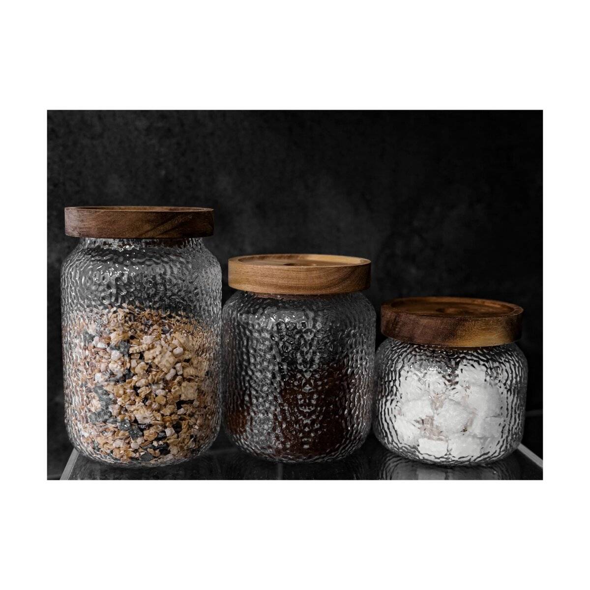 3er Set Vorratsbehälter aus Borosilikatglas mit luftdichtem Holzdeckel