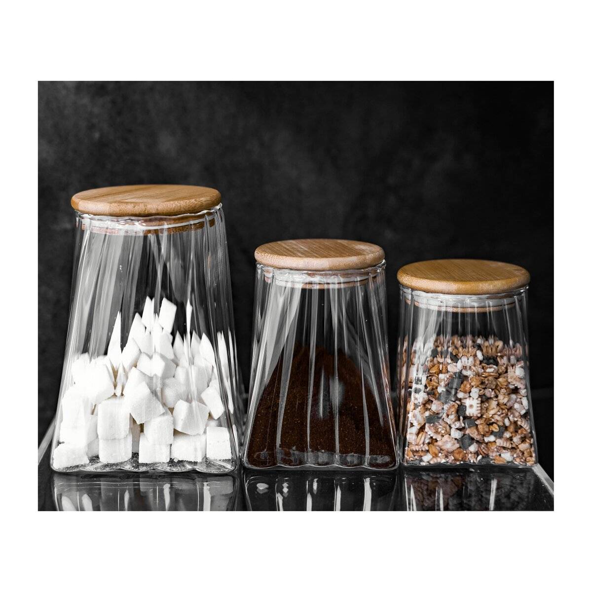 Elegante Vorratsbehälter aus Borosilikatglas 3er Set mit luftdichtem Holzdeckel