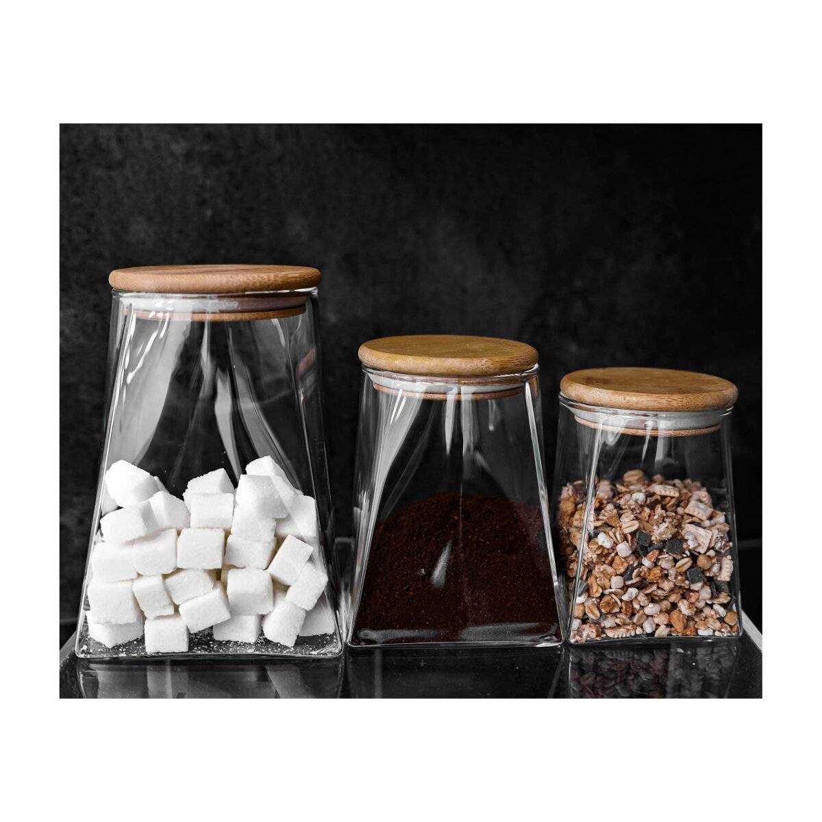 3er Set Vorratsbehälter aus Glas mit luftdichtem Holzdeckel - schlicht & elegant