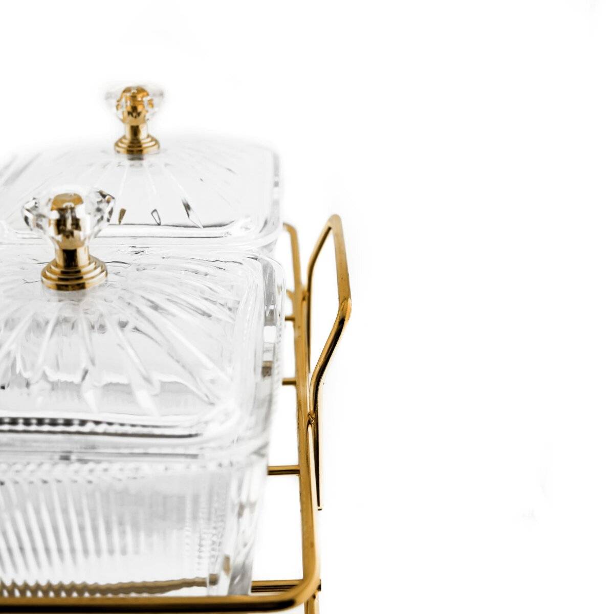 9 tlg. Set Glasbehälter mit Deckel & goldenem Gestell für Snacks oder Gewürze