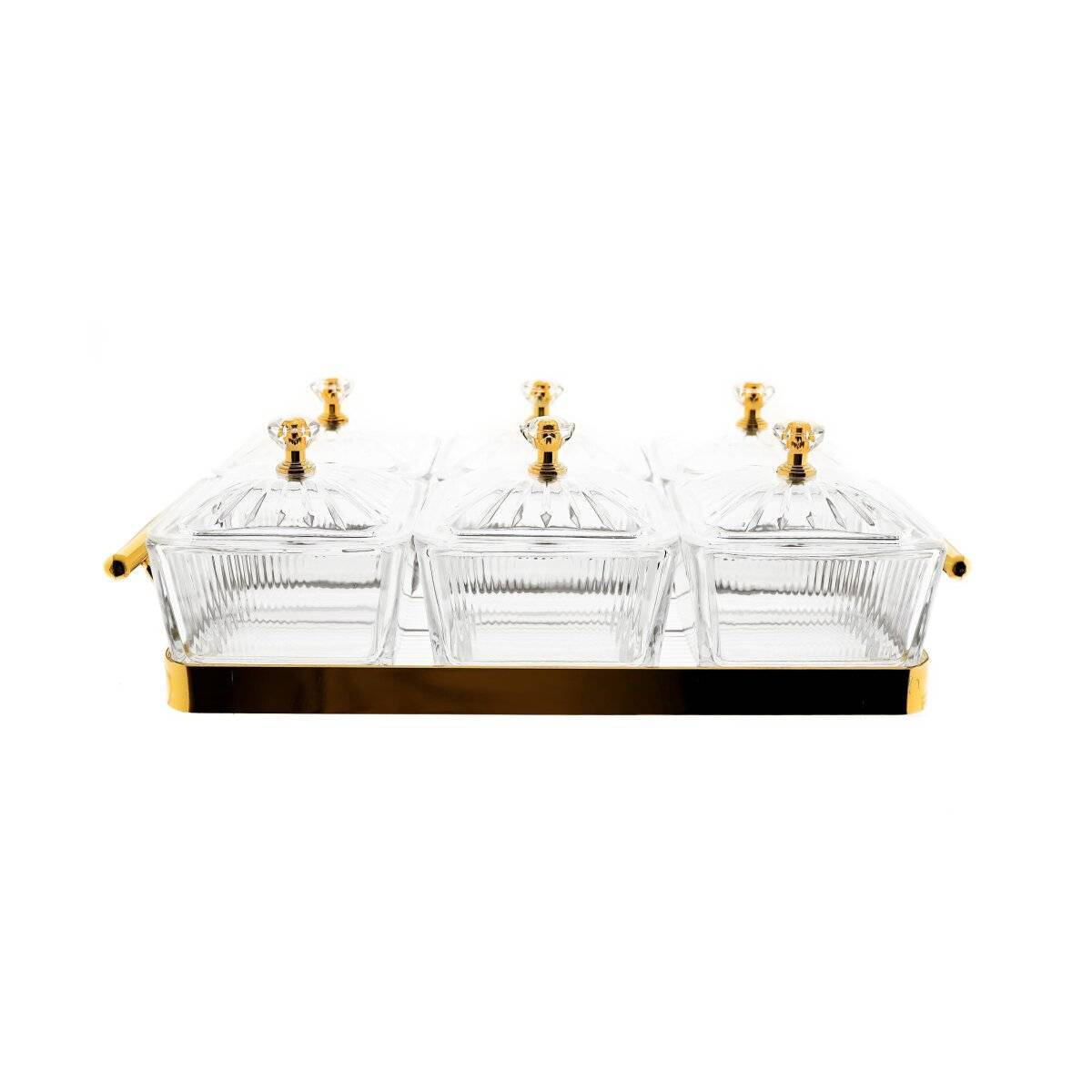 13 Teiliges Snackschalen-Set aus Glas mit goldenem Serviertablett & Knaufdeckel