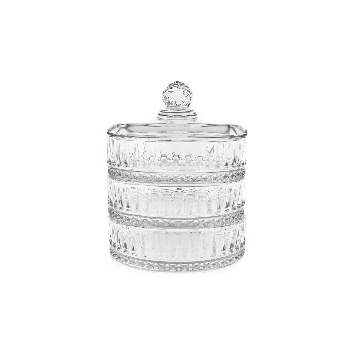3-stöckige Glasschalen-Set mit Deckel - Patisserie mit elegantem Riffle-Design