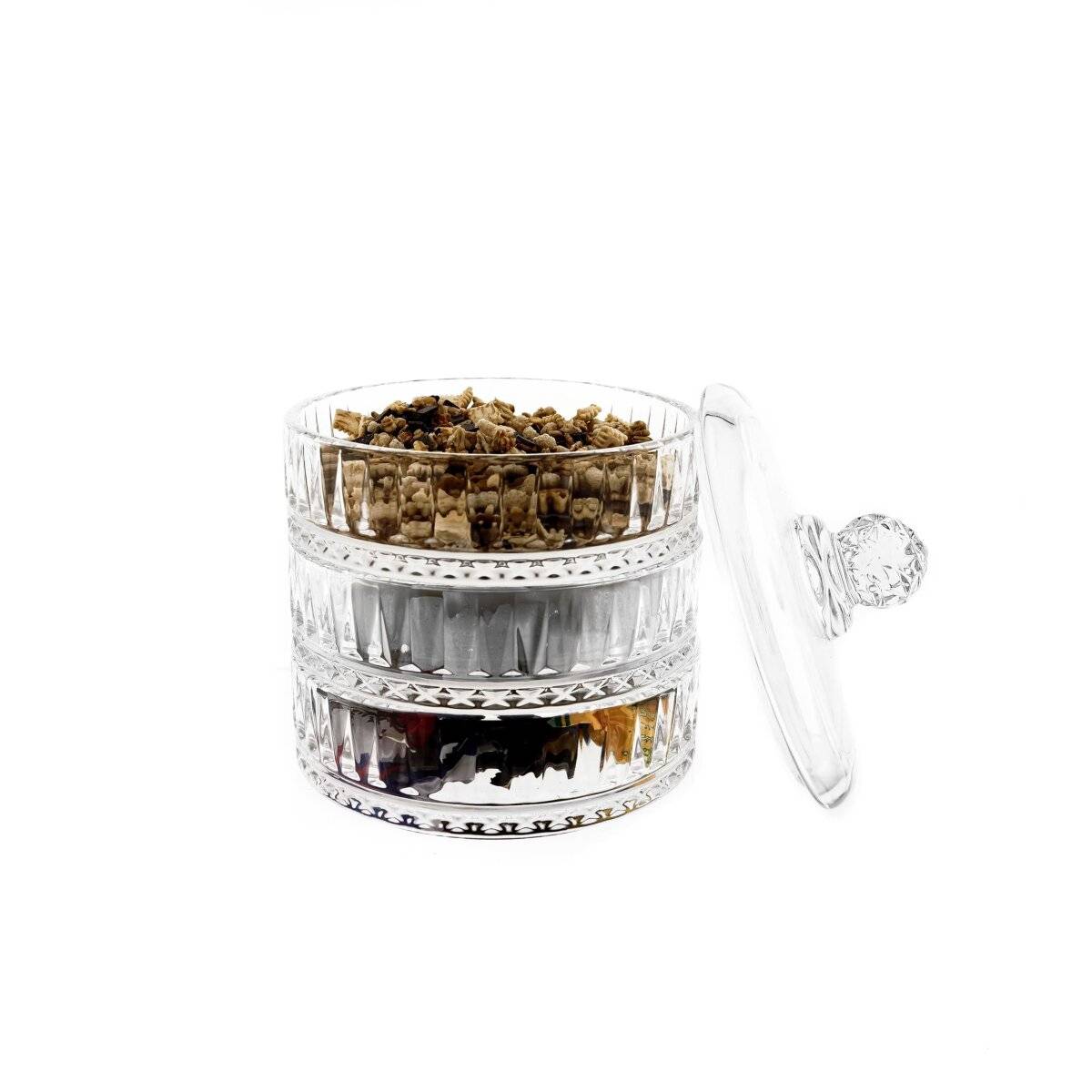 3-stöckige Glasschalen-Set mit Deckel - Patisserie mit elegantem Riffle-Design