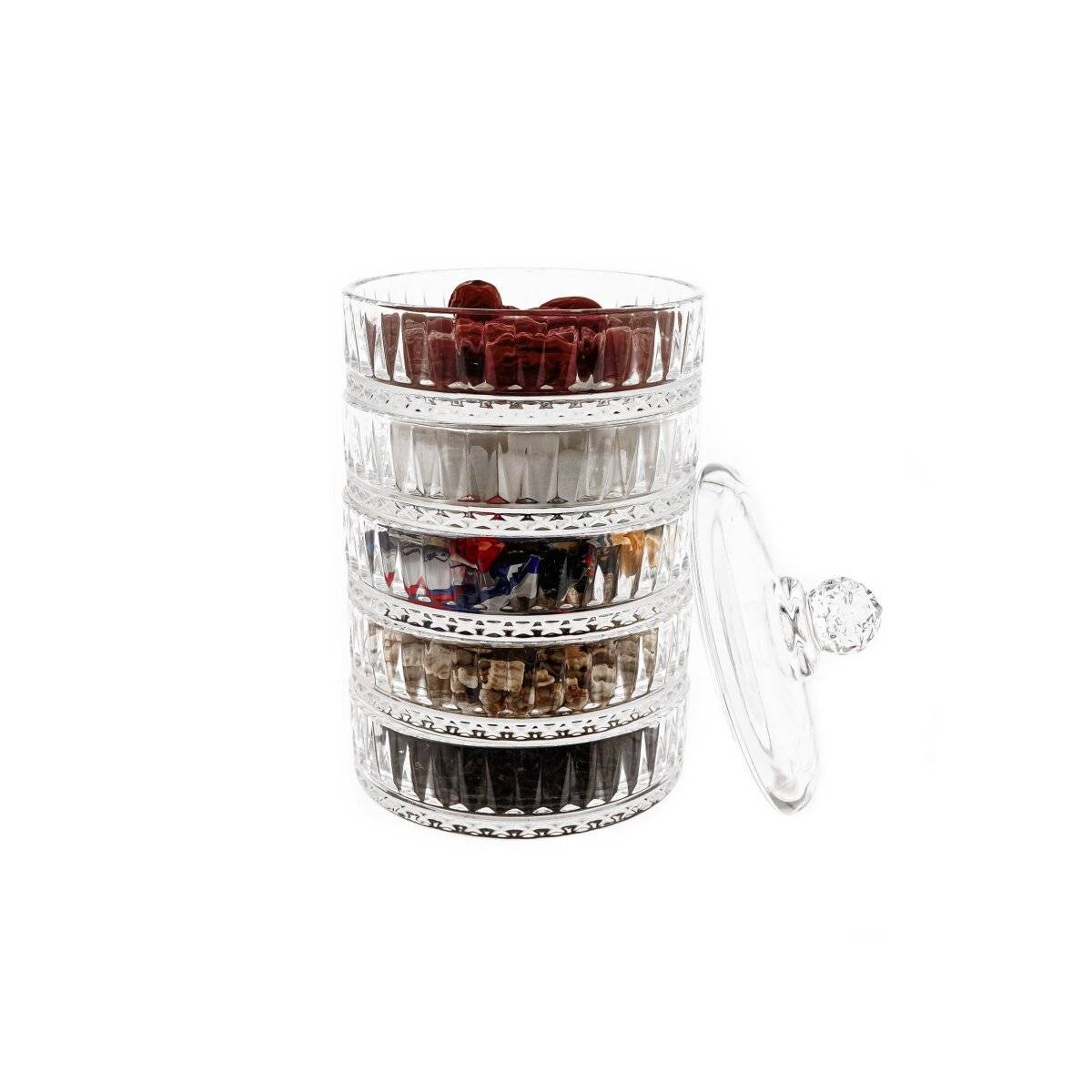 5-stöckige Glasschalen-Set mit Deckel - Patisserie mit elegantem Riffle-Design