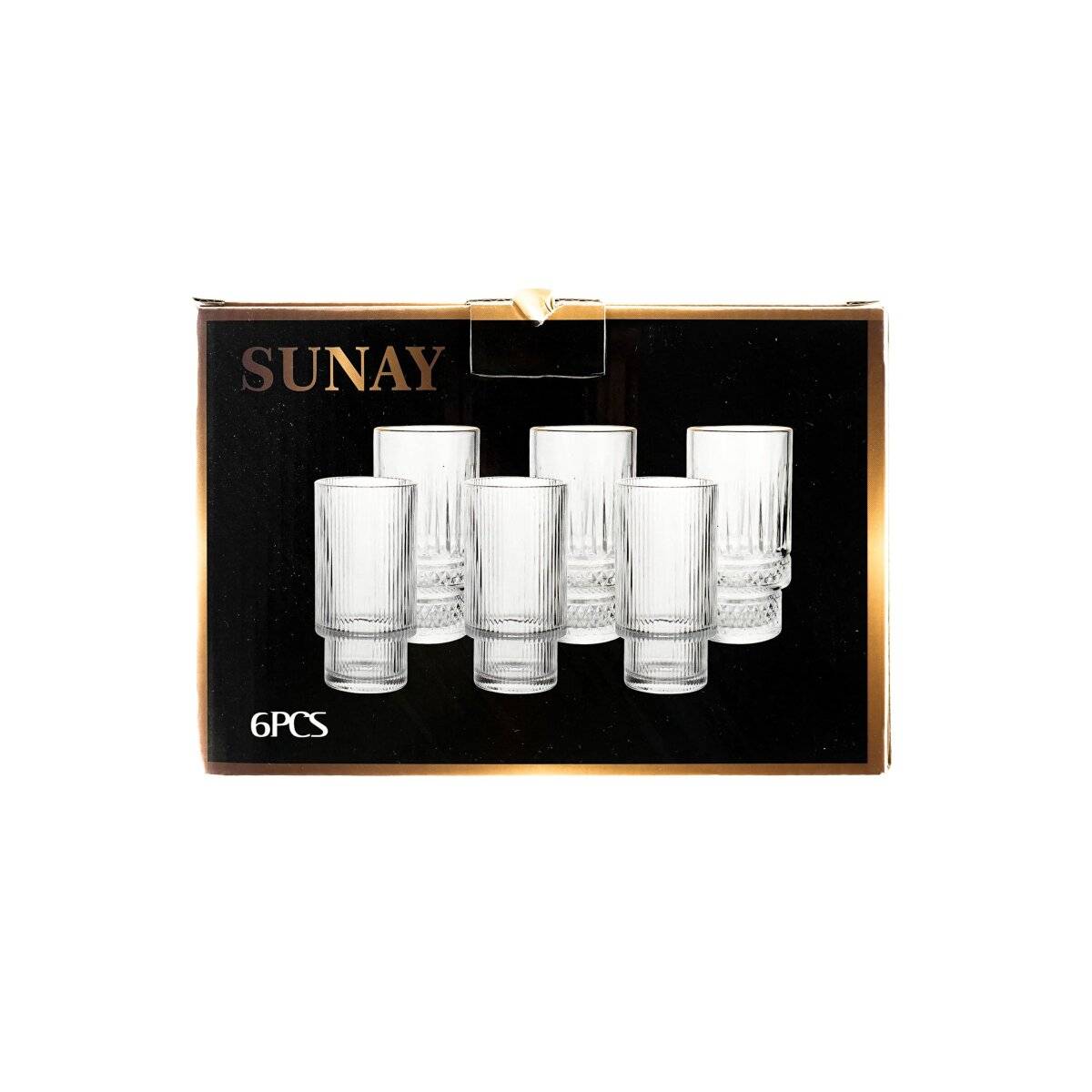 6 tlg. Set Trinkgläser 285 ml transparent mit Riffle-Design & Goldumrandung