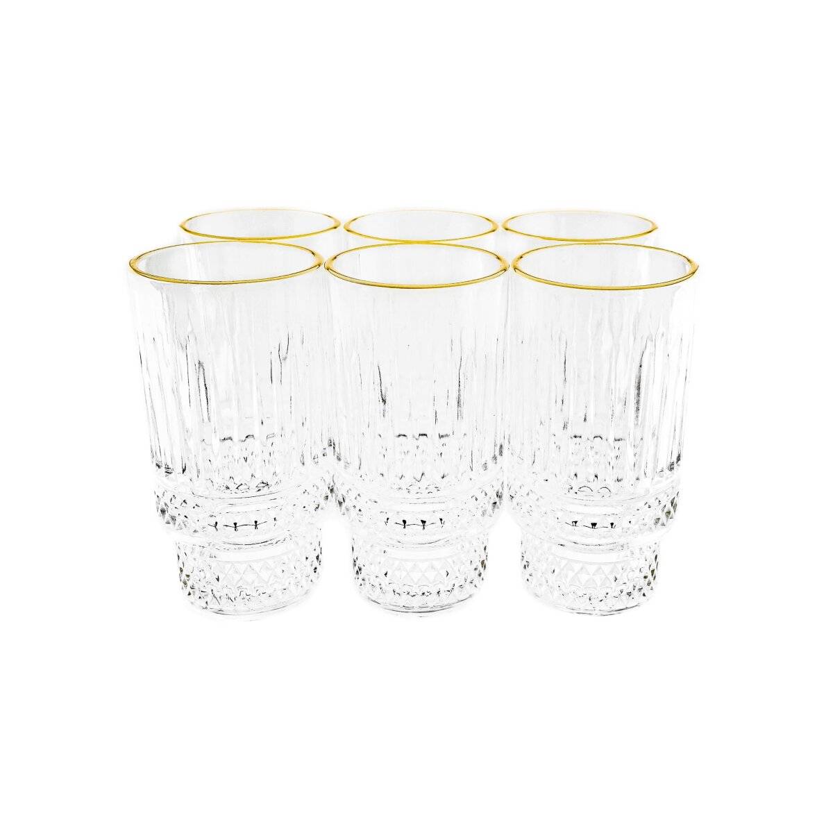 6 tlg. Set Trinkgläser 285 ml transparent mit Riffle-Design & Goldumrandung