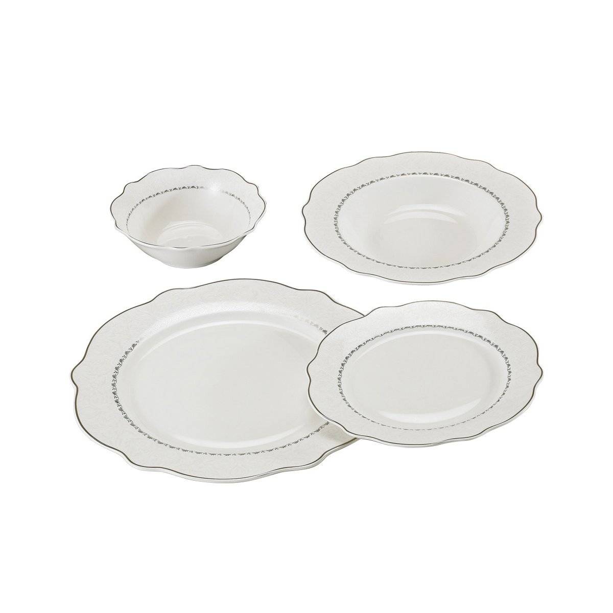24-teiliges Geschirrset aus Porzellan für 6 Personen in Weiß mit Silberumrandung