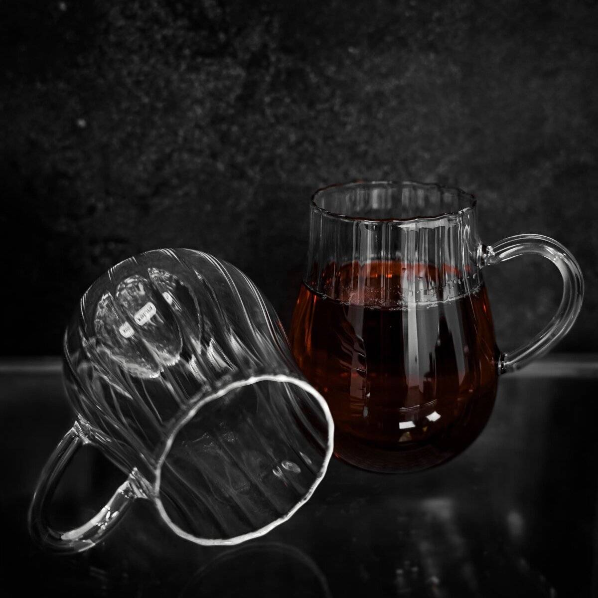 4er Riffle Gläser-Set 350 ml - Tee- Kaffeegläser mit Henkel aus Borosilikatglas