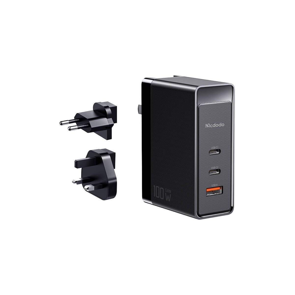 GaN Mcdodo CH-8101 Pro universelles UK/US/EU-Reiseladegerät/Adapter, 100 W, 2 x USB-C, USB-A (schwarz)