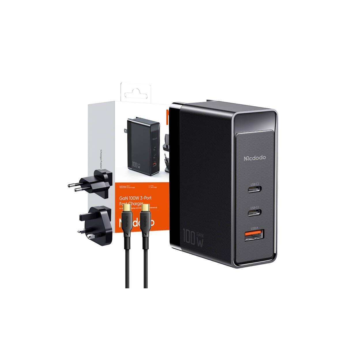 GaN Mcdodo CH-8101 Pro universelles UK/US/EU-Reiseladegerät/Adapter, 100 W, 2 x USB-C, USB-A (schwarz)