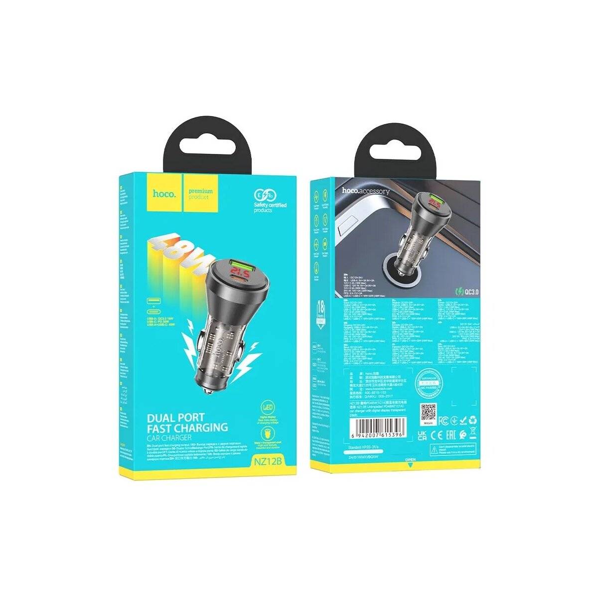 USB A + Typ C Autoladegerät mit Display + Typ C iPhone-Kabel PD QC3.0 3A 48W