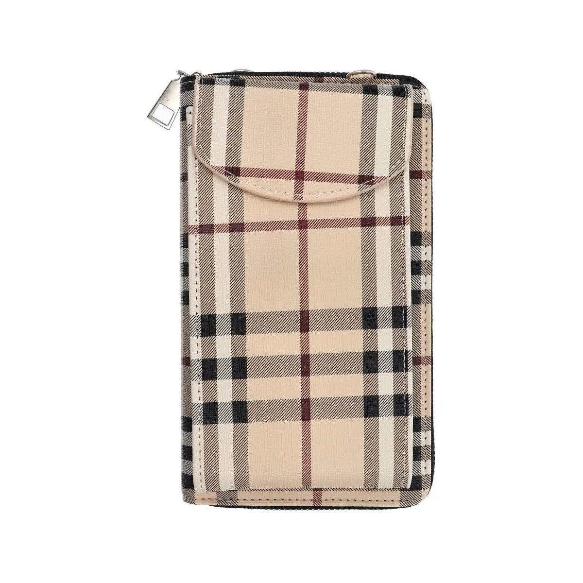 Stilvolle Handtasche für Smartphones - Hanydtasche mit Reißverschluss Beige-kariert