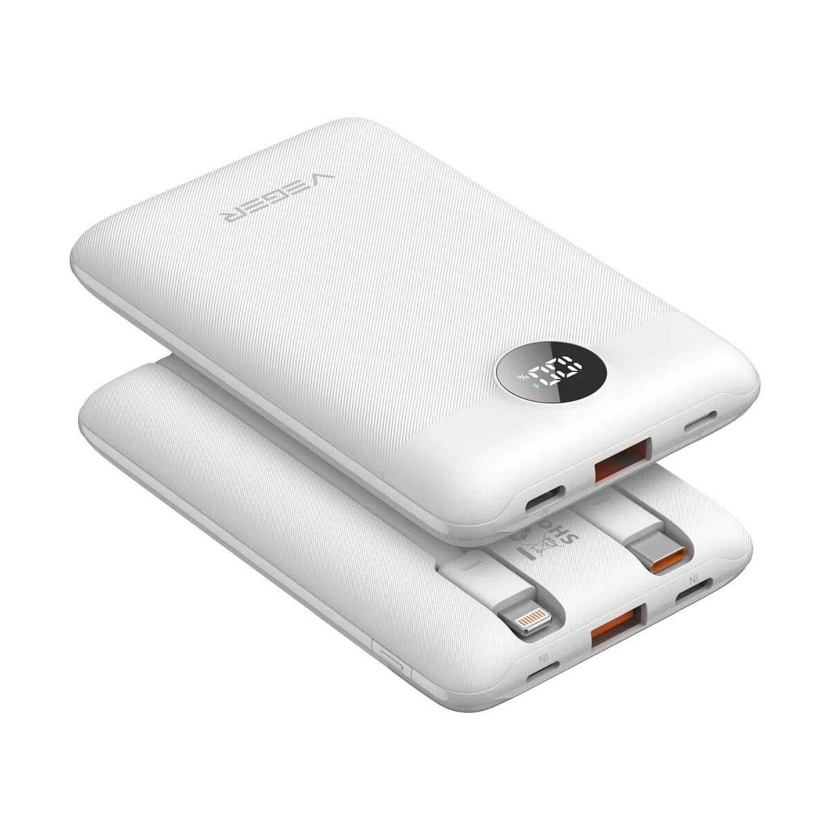 Powerbank 10000 mAh mit Kabeln Typ C /iPhone Anschluss PD QC3.0 2A 22,5W - Weiß